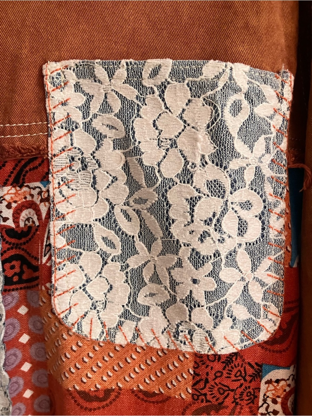 POL Boho Patchwork Shacket in Rust, Cream with Lace/ embroidered details - Picture 5 of 8